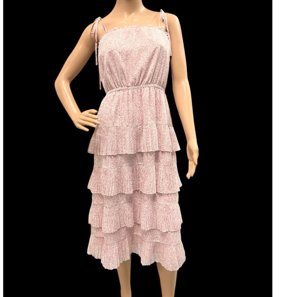 LUCY PARIS Smocked Floral Print Midi Dress Tiered Ruffled Skirt Pink & Mauve S
